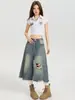 Shorts de mezclilla rotos estilo retro americano para mujer, estilo fino de verano, alta costura, adelgazantes, pantalones rectos holgados de pierna ancha de longitud media recortados