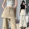 Algodón lavado con diseño estilo americano y detalle en el panel trasero, pantalones de pierna ancha para mujer, efecto dos piezas, pantalones casuales adelgazantes y ligeramente acampanados