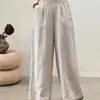 Pantalones casuales de algodón y lino, artísticos y versátiles, pantalones anchos de algodón y lino con bordado hueco retro para mujer, pantalones rectos holgados de verano, modernos