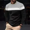 Camiseta masculina de manga comprida listrada com estampa 3D, nova para primavera e outono, importada da Europa e América, gola careca, base casual para esportes ao ar livre