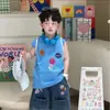 Ropa Infantil 2026 Nuevo Elegante Verano Estilo Coreano Chaleco sin Mangas con Capucha Dibujos Animados Pantalones Cortos Estampados Conjunto de Tres Piezas para Niños Pequeños y Medianos
