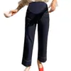 Calça Cropped de Maternidade Azul Claro Outono e Primavera Roupa Externa Suporte para Barriga Jeans Não Apertado Ajustável Reta Calça de Perna Larga