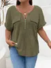 2025 Nova Blusa Feminina Amazon Primavera e Verão Cor Sólida Tamanho Plus Size Zíper Manga Curta Bolso Falso Pulôver Camiseta Solta