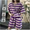 Conjunto de camiseta de manga corta a rayas para mujer Manga corta Verano 2025 Nuevo Holgado talla grande Pantalones cortos de pierna ancha Conjunto de dos piezas para comercio exterior