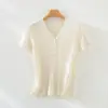 Frescura de Verano67.5% Algodón Lyocell Tencel Cómodo Cárdigan de Punto con Cuello en V Fino de Manga Larga para Mujer Camiseta de Botones