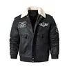 Chaqueta de Aviador de Cuero PU con Piel de Cerdo y Cuello de Piel Flocado para Hombre, Chaqueta de Cuero con Bordado de Felpa para Hombre