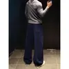 Pantalones Deportivos Versátiles para Hombre de Color Azul Oscuro con Dobladillo Curvo Estilo Americano Peso Pesado Adelgazantes Deportivos Pierna Ancha Pantalones Largos Hip-Hop