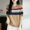 Camiseta de punto de mezcla de lana de verano, manga corta, base de organza, cuello redondo, jersey a rayas, bloque de color, top fino para mujer