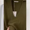 Camiseta Básica de Punto Verde Retro Francés de Cuello en V Grande para Mujer Otoño e Invierno Suéter de Alta Gama con Solapa Elegante