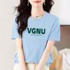 Verano Mujer Algodón Puro Nuevo Azul Manga Corta Estampado Letra Camiseta Suelta Hombro Derecho Versátil Manga Media Talla Grande Top