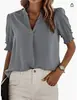 2026 Nova Moda Feminina Europeia e Americana para Comércio Exterior Transfronteiriço Amazon Mais Vendido Gola V Casual Manga Curta Cor Sólida Camisa de Chiffon