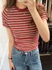 Camiseta de Manga Corta Negra Rayada con Bloques de Color Vintage y Cuello Redondo para Mujer, Nuevo Estilo Verano 2026, Camiseta Básica