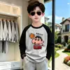 Camiseta de Manga Longa Color Block Algodão Puro Estilo de Rua para Meninos Início da Primavera Estilo Coreano Meninos Tamanhos Médio e Grande Infantis Casual Versátil Manga Raglan Camiseta Básica