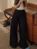 Jeans Feminino Tamanho Plus Size Estilo Americano Retrô Escuro Primavera Cintura Alta Calças Wide Leg Soltas Versáteis Abertura da Perna Grande Calças de Comprimento Total