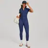 Mono de punto cruzado con cuello alto y media cremallera de manga corta para mujer para levantar caderas y tensar abdomen, mono deportivo ajustado para yoga 25500