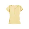 Blusa Feminina Picante Gola Redonda Manga Curta Botões 2026 Nova Coleção Primavera/Verão Ombro Normal Cintura Marcada Camiseta para Yoga Fitness Corrida
