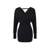 Elegante Vestido de Punto con Cuello en V Profundo y Mangas Largas de Estilo Maduro para Mujer, Nuevo Modelo 2026, Mangas Murciélago, Reversible, Ceñido a la Cintura, Vestido Bodycon
