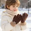 Luvas de Tricô de Cinco Dedos para Crianças Outono e Inverno Color Block Patch de Couro Forro de Lã Acolchoado Quente Luvas para Crianças Luvas de Proteção Contra o Frio para Crianças