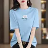 Camiseta de Manga Corta de Algodón Puro de Alta Gama para Mujer, Nuevo Estilo de Verano, Holgada, Talla Grande, Top Casual Adelgazante, Camiseta Estampada de Moda