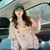 Camiseta holgada de algodón puro con encaje superfairy para mujer, estilo salado con graffiti de frutas, rejuvenecedora, imitación de dos piezas, top casual ajustado