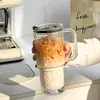 Copo de vidro de grande capacidade, caneca gigante com alça, tampa e canudo para uso no escritório, copo de café e água para meninas