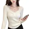 Camisa base de malha com decote V e renda para mulheres, suéter interno de manga longa slim fit para outono e inverno, top de tricô estilo delicado