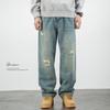 Jeans Rotos para Hombre Estilo Americano Retro Lavado Color Claro Sueltos Rectos Pantalones Pierna Ancha Marca de Moda Talla Extra para Otoño e Invierno