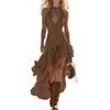 Nueva Ropa para Mujer Estilo Europeo y Americano para Comercio Transfronterizo: Vestido Largo Espalda Descubierta con Cuello Halter, Corte Ajustado, Dobladillo Irregular (Alto-Bajo), Vestido con Volantes