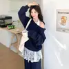 Festival da Primavera de 2026 Novo Conjunto Casual de Moda Doce e Estiloso: Colete de Renda com Moletom Azul Marinho, Conjunto de Três Peças com Cintura Elástica