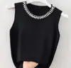 Camisola de Seda de Hielo para Mujer, Ropa Interior Blanca sin Mangas para Combinar con un Blazer, Top Corto de Punto Estilo Chanel con Perlas A11000