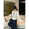 Blusa de gasa con lunares suaves estilo coreano y tirantes en los hombros para mujer, top dulce juvenil de manga larga para otoño que estiliza la cintura