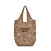 Bolso de Paja Hueco de Moda con Bordado de Letras Transfronterizo, Bolso de Hombro de Gran Capacidad para Vacaciones en la Playa, Bolso Tejido Versátil para Mujer