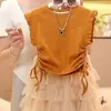 Traje de Verano para Niñas 2025 Nuevo Llegado de Verano Moda Infantil CUHK Top de Cuello Redondo Manga Corta Falda de Malla Moderna