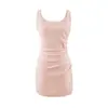 Vestido Sexy de Gola Quadrada com Cintura Marcada por Tira Plissada, Novo Mini Vestido Bodycon de Cor Sólida Slim-Fit de Verão