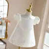 Vestido estiloso de alta qualidade para o primeiro aniversário de criança 2026 novo modelo florista bebê menina cetim vestido princesa para verão