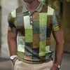 Camisa Polo Europeia e Americana Masculina Transfronteiriça Tendência com Estampa Digital 3D, Bloqueio de Cor Xadrez, Manga Curta, Colarinho Cuban