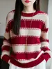 Shenzhen Nanyou Liquidação de Fim de Coleção Outono e Inverno Novo Design Listrado Color Blocking Suéter de Tricô Feminino Gola Redonda