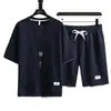 Conjunto de Verano Delgado de Tejido Waffle para Hombre: Camisa de Manga Corta de Seda de Hielo de Secado Rápido y Pantalones Cortos Deportivos Casuales
