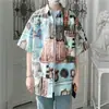 Camisa Floral de Manga Curta Estilo Hong Kong Retro Ulzzang para Homens, Camisa Solta Ins Estilo Harajuku, Roupas de Proteção Solar para Casais na Praia Tendência