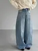 Jeans Jiangzuo elegantes de lavado azul con hebilla trasera y dobladillo curvo para mujer, pantalones de pierna ancha de otoño, pantalones tipo "dad" 6600