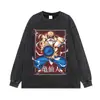 Camiseta com estampa de quadrinhos clássica, estilo high-street, acabamento lavado e desgastado, corte solto oversized, versátil de anime com manga curta, transfronteiriço