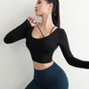 Ropa de Yoga con Almohadilla en el Pecho Femenina Sexy Espalda Ajustada Manga Larga Top de Fitness Camiseta Deportiva para Correr Otoño