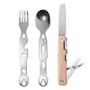 Set de cubiertos prácticos multifuncionales de tres piezas para exteriores, juego de cubiertos combinados portátil de cuchillo, tenedor y cuchara con mangos de madera duraderos