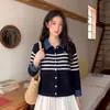 Cardigan de malha listrado estiloso, imitando duas peças, de manga comprida para mulheres, top de outono tamanho plus size, com emenda de jeans e gola polo
