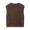 Exportação Transfronteiriça Roupas Femininas Outono 2025 Estilo Europeu e Americano Gola Redonda Sem Manga Recorte Tricô Malha Camiseta Top Feminino A36673F
