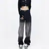 Calça Jeans Reta de Cor Gradiente em Tencel com Modelagem Pera para Mulheres Plus Size mm Gordas Cintura Alta Cobrindo o Virilha Comprimento Total Perna Larga