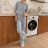 Conjunto de Pijama Feminino de Verão Elegante, Macio, com Gola Redonda, Manga Curta e Calça Longa, Roupa de Casa Gelada Casual Preguiçosa