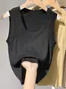 Traje de Verano Chic con Tirantes Delgados de Hilo Tejido de Cuello Bajo, Cuello en U de Seda de Hielo con Chaleco Blanco para Mujer