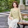 Conjunto de Verão Novo Estilo 2026 para Mulheres de Meia-Idade e Idosas, Novo Conjunto de Moda Nacional Estilo Chinês, Conjunto de Duas Peças Elegante com Blusa de Manga Curta e Calça de Perna Larga