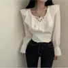 Enviado: Camisa corta de diseño chic coreano con volantes y mangas acampanadas, estilo retro francés, cintura con lazo